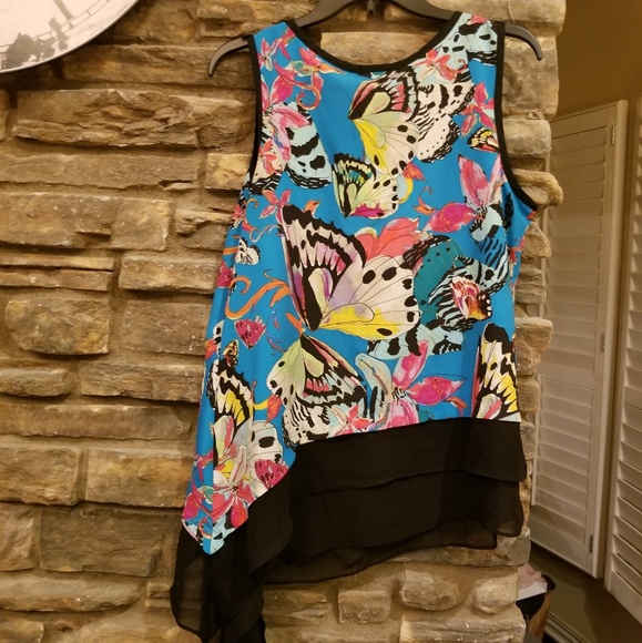 3/$20 ASYMMETRIC BUTTERFLY &FLORAL FLOWY TOP SZ L - Picture 2 of 5